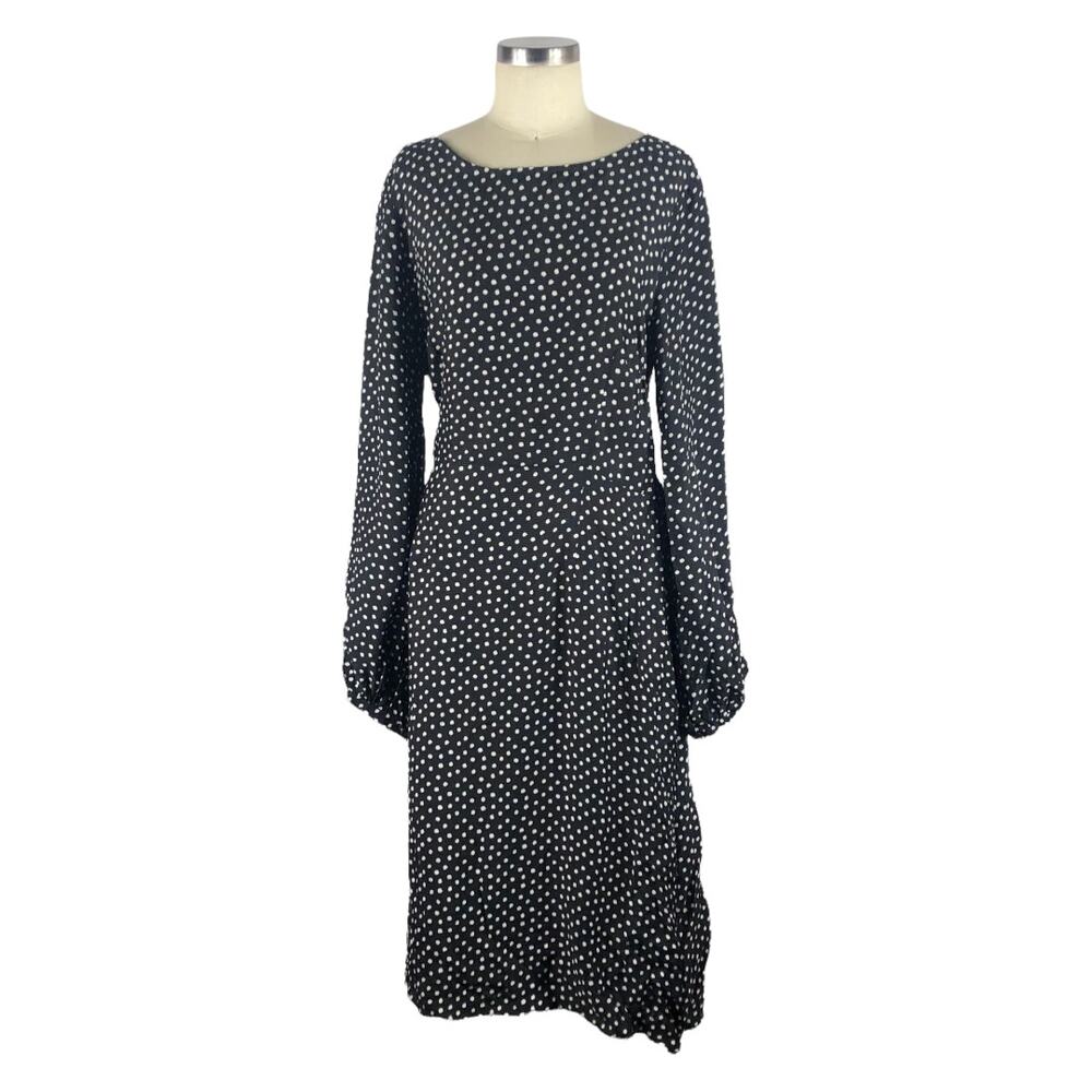 BY ANTHROPOLOGIE Agatha Midi Dress Black White Polka Dot Size 14 Twist Back‎